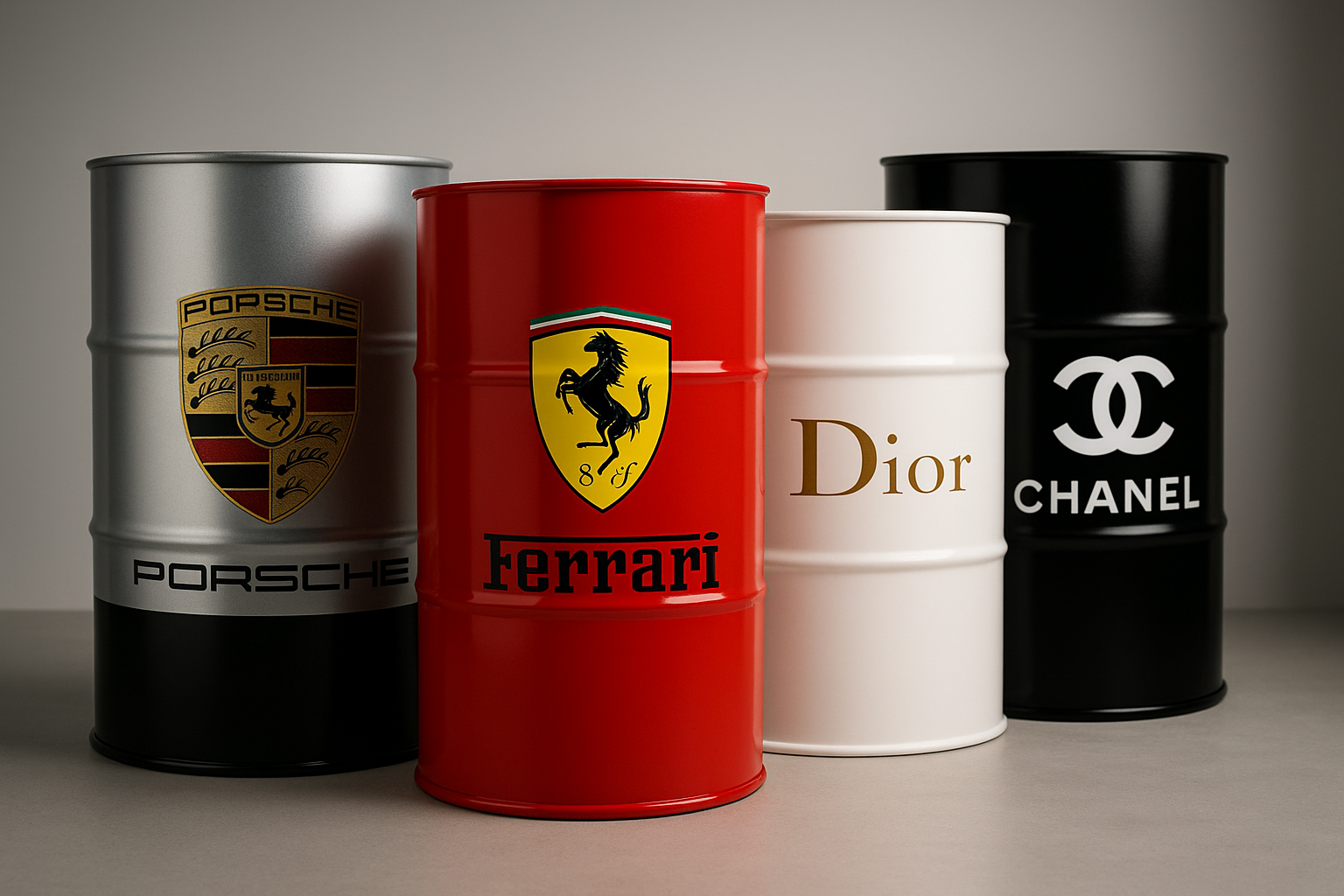 une image ou on peut voir plusieurs barils personnalisé comme Porsche, Ferrari mais aussi Dior ou chanel 